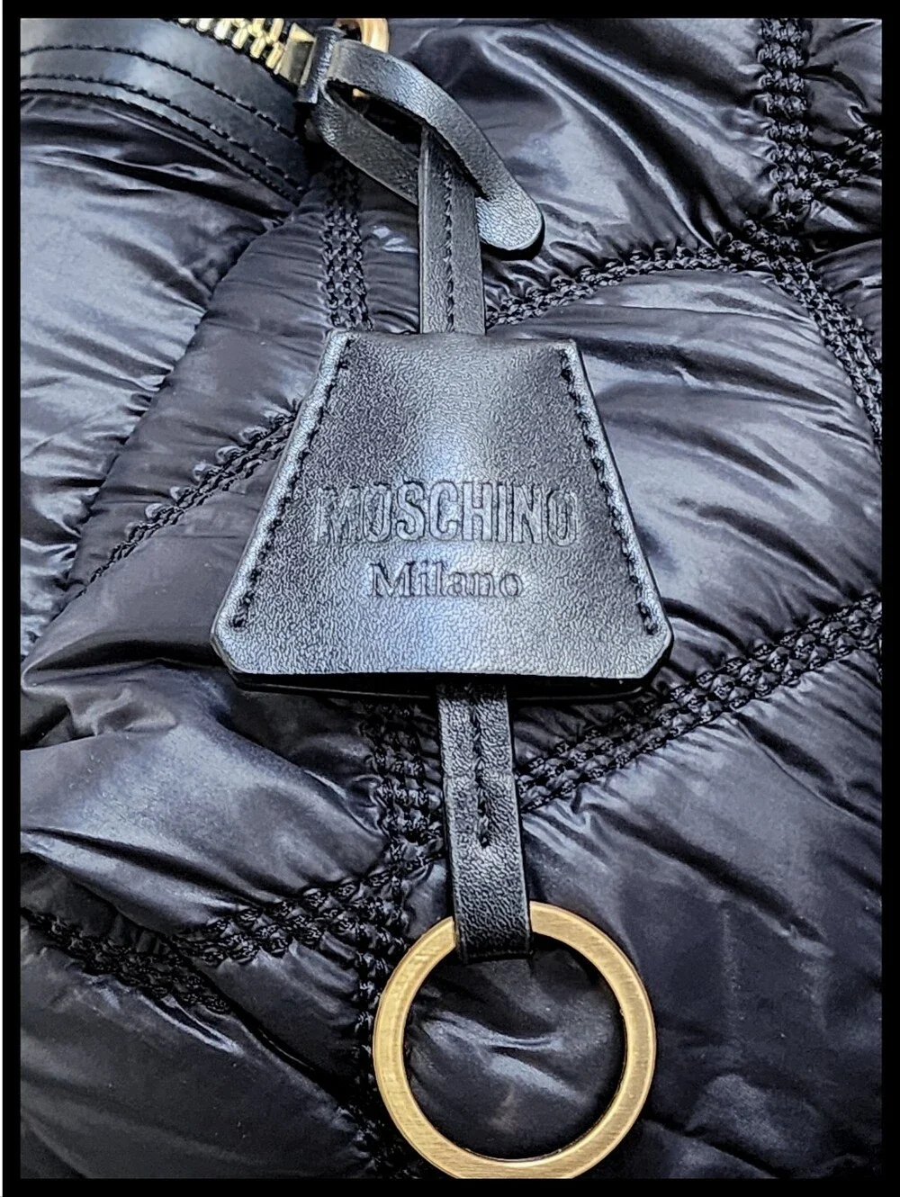 MOSCHINO Quilted Stitch Logo Backpack Gold Studded Hardware Key Ring Nylon Black